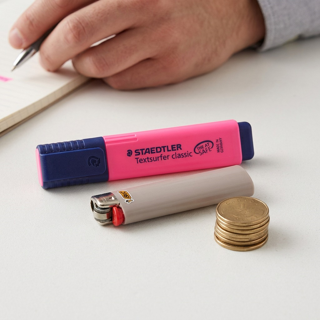 STAEDTLER fluorescent pink highlighter beside a lighter and coins for scale reference.