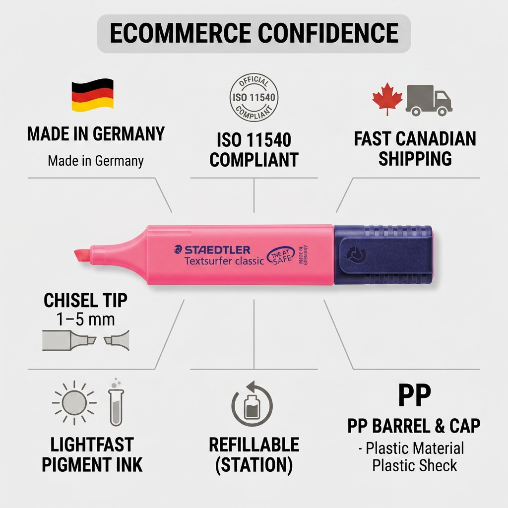 An infographic for the STAEDTLER Textsurfer classinc highlighting product specifications and confidence markers.