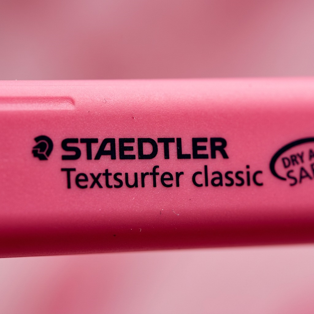 Macro view of the STAEDTLER Textsurfer logo and text printed on the fluorescent pink highlighter body.