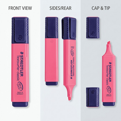 A matrix view displaying the pink STAEDTLER highlighter in three sizes and six available ink colors.