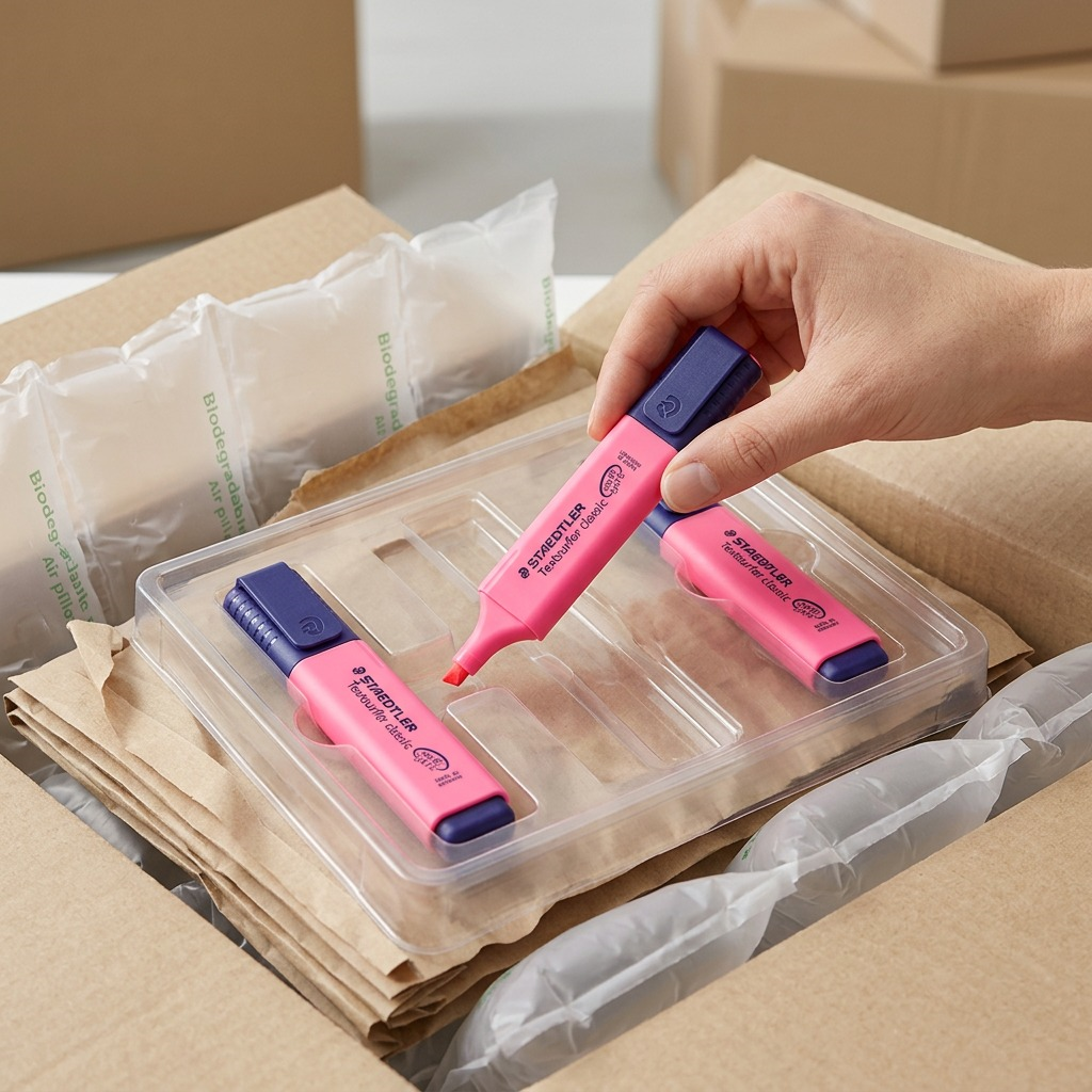 A premium close-up photo of the STAEDTLER pink highlighter in its protective cushioned shipping box, ready for use.