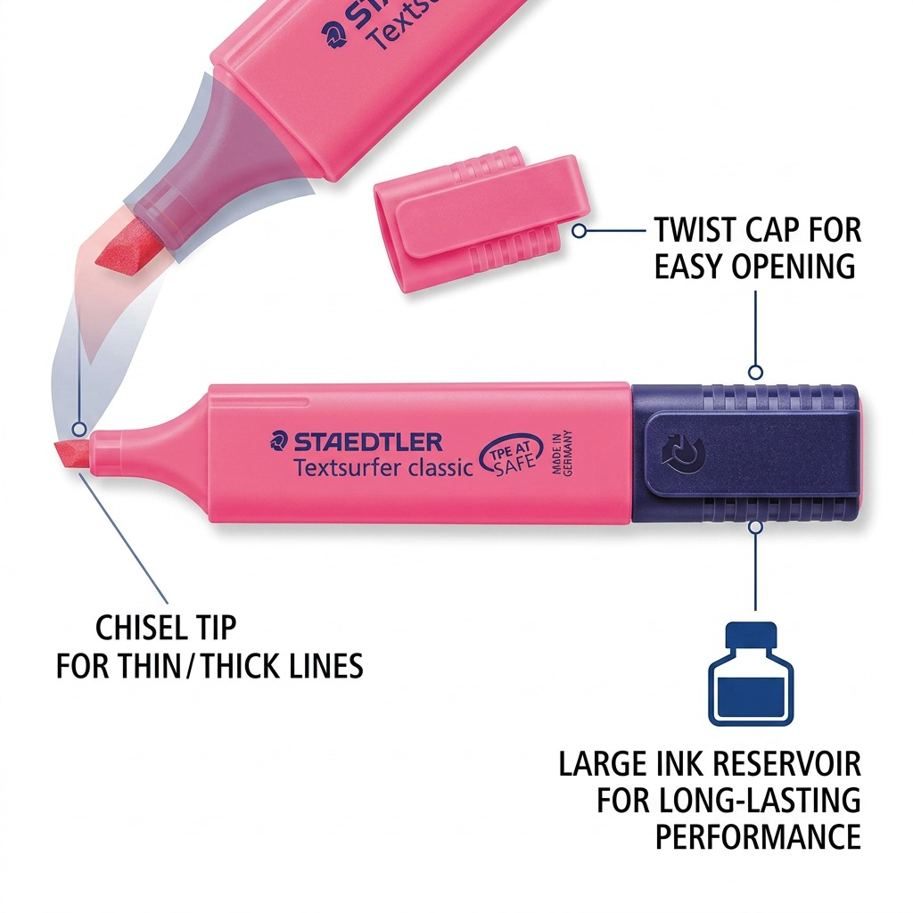 Feature-rich infographic for the STAEDTLER Textsurfer (364-23-03) highlighter, highlighting a large ink reservoir, twist cap, and chiral tip.
