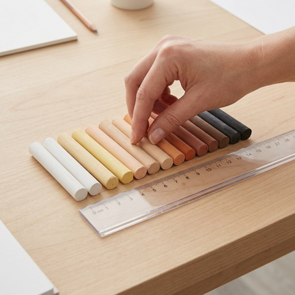 A scale reference image with the STAEDTLER Soft Pastel Chalks set, a realistic, human hand, and a standard metal ruler, on a light wooden desk, with no packaging, text or visible logos, grounded in neutral ecommerce lighting.