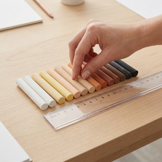 A scale reference image with the STAEDTLER Soft Pastel Chalks set, a realistic, human hand, and a standard metal ruler, on a light wooden desk, with no packaging, text or visible logos, grounded in neutral ecommerce lighting.