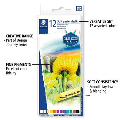 A feature callout graphic presenting a box of STAEDTLER assorted soft pastel chalks (12 pack). Direct lines and short text identify features: "12 ASSORTED COLORS" and "SOFT CHALKS - IDEAL FOR BLENDING AND SHADING". A final pointer notes "RICHER PIGMENTS, SUPERIOR ADHESION". The design is clean with accurate product geometry.