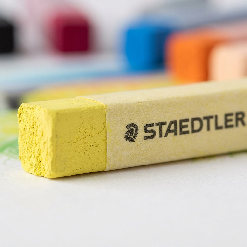 Macro detail of a STAEDTLER soft pastel chalk stick, showing print clarity and a powdery texture