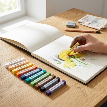 STAEDTLER Soft Pastel Chalks on a wooden table, displayed with a sketchbook showing a drawing.