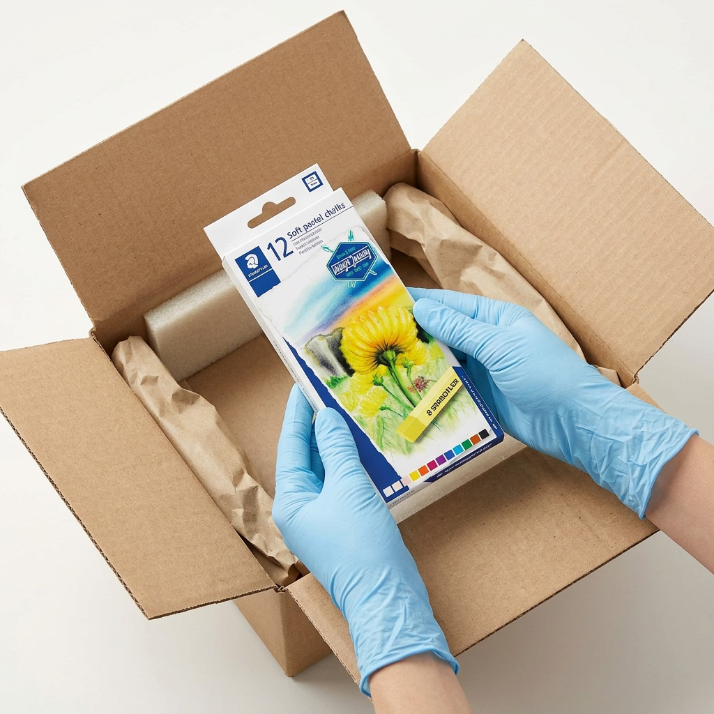 A realistic photo of the STAEDTLER soft pastel chalks box, carefully lifted by gloved hands from a neutral brown cushioned shipping carton.