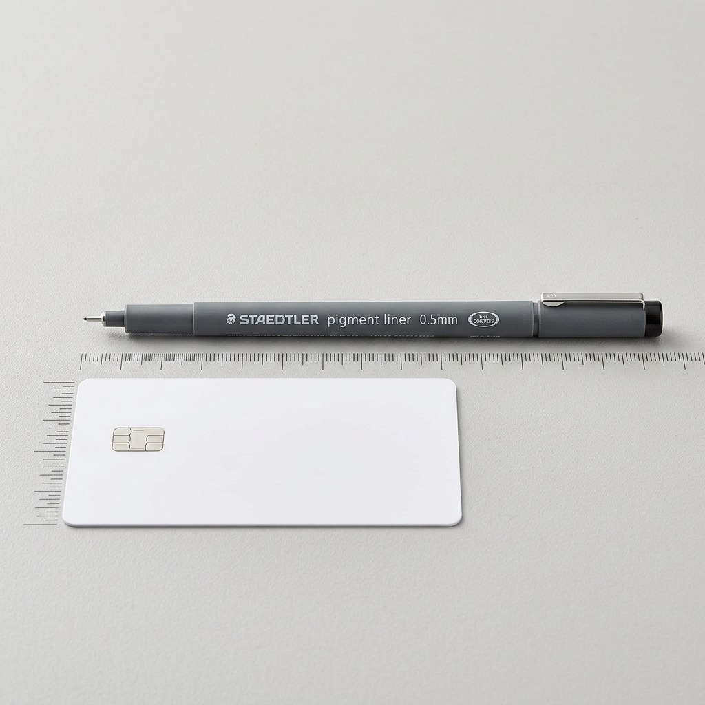 An image comparing the size of a STAEDTLER Fineliner 308-05-9M (0.5mm, black) with a standard credit card.