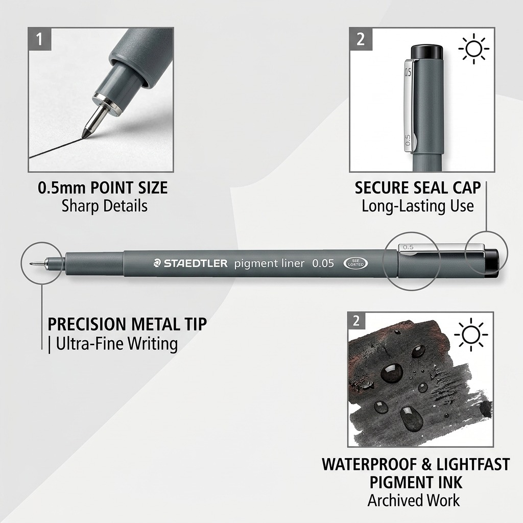 Feature graphic highlighting Staedtler 0.5mm liner with point size detail and waterproofing test.