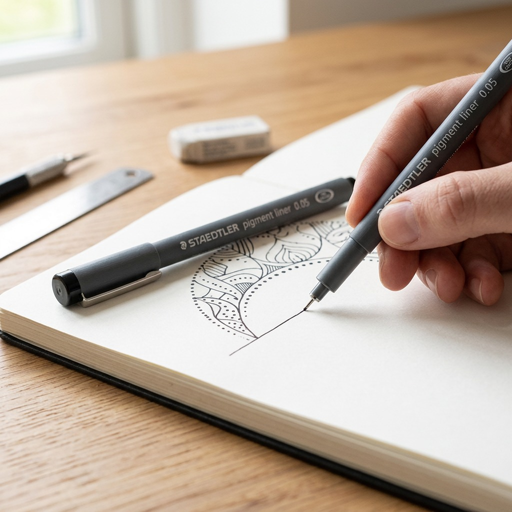 A close-up shot of the 0.5mm STAEDTLER Fineliner drawing archival lines in a sketchbook with a posted cap.