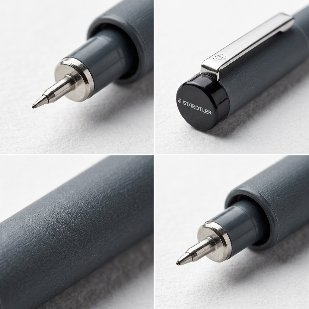 A macro view of the 0.5mm STAEDTLER fineliner tip shows the fine metal-clad point for precise lines.