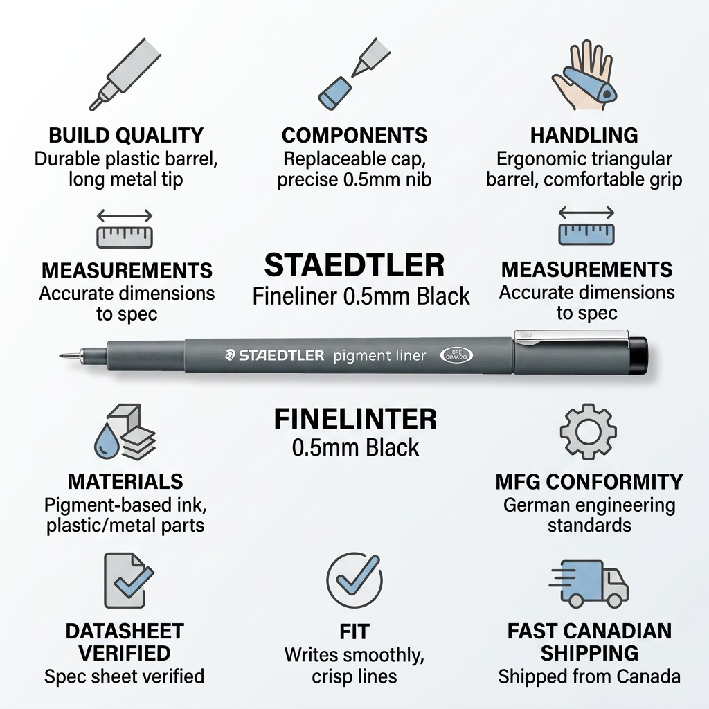 Trust and authority infographic featuring the STAEDTLER Fineliner 0.5mm with key build and shipping facts.