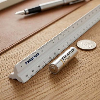 PDP visual matrix scale reference image: A standard architectural triangular scale ruler (STAEDTLER 98719-31BK) lying on a desk next to a standard AA battery and partially visible US Quarter coin for realistic scale comparison.