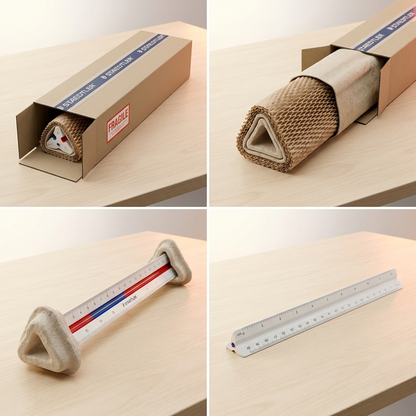 Multi-panel view of a wrapped STAEDTLER triangular scale being gently removed from a supportive carton, showcasing protective shipping materials.
