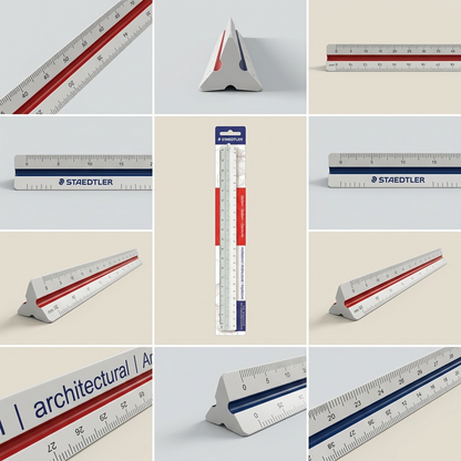 A 3 x 3 product grid showing the STAEDTLER triangular scale ruler (SKU: 98719-31BK) from nine different angles, including dynamic close-ups and overhead views.