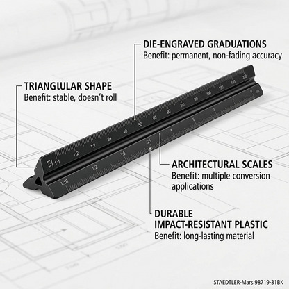 Product infographic displaying the STAEDTLER architectural scale rule with callouts highlighting its key operational features and benefits.