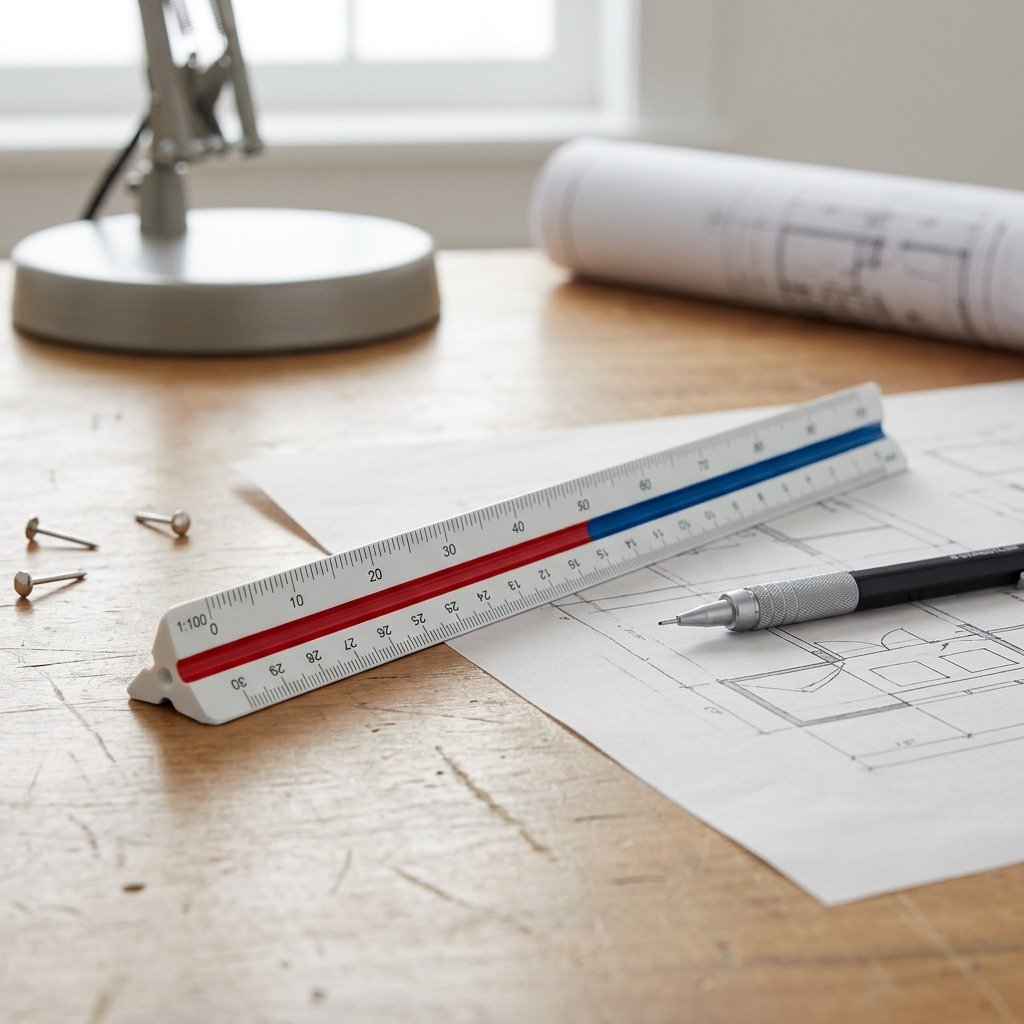 Realistic photo of an architectural scale with a metric triangular plastic profile.