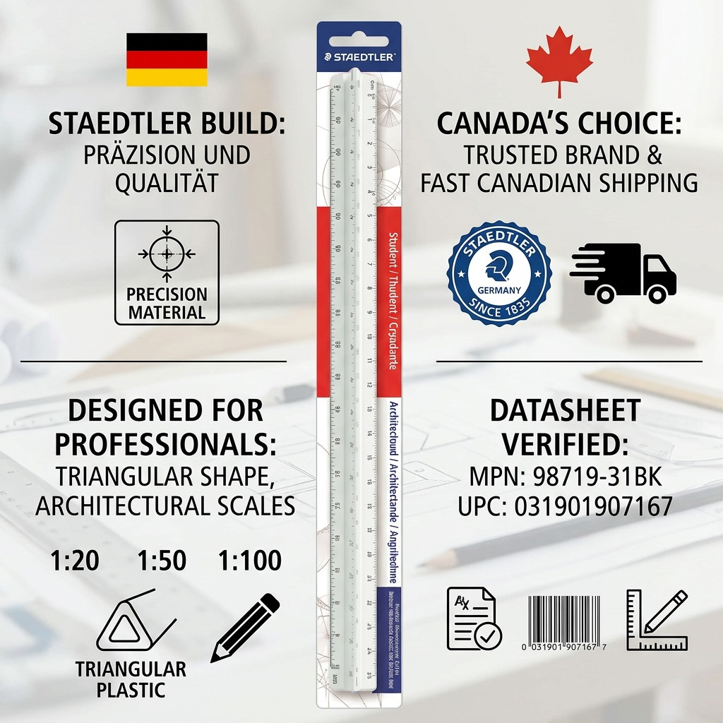 Infographic for STAEDTLER scale rule highlights precision, Canadian shipping, architectural scales, and datasheet verification.