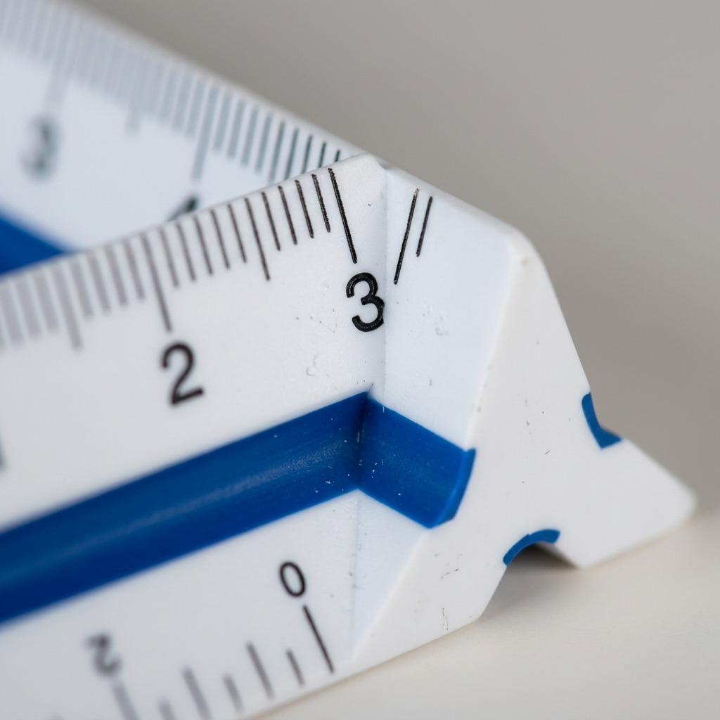 A macro photograph detailing the precise metric print on the white edge of the blue-colored triangular architectural scale.