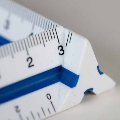 A macro photograph detailing the precise metric print on the white edge of the blue-colored triangular architectural scale.