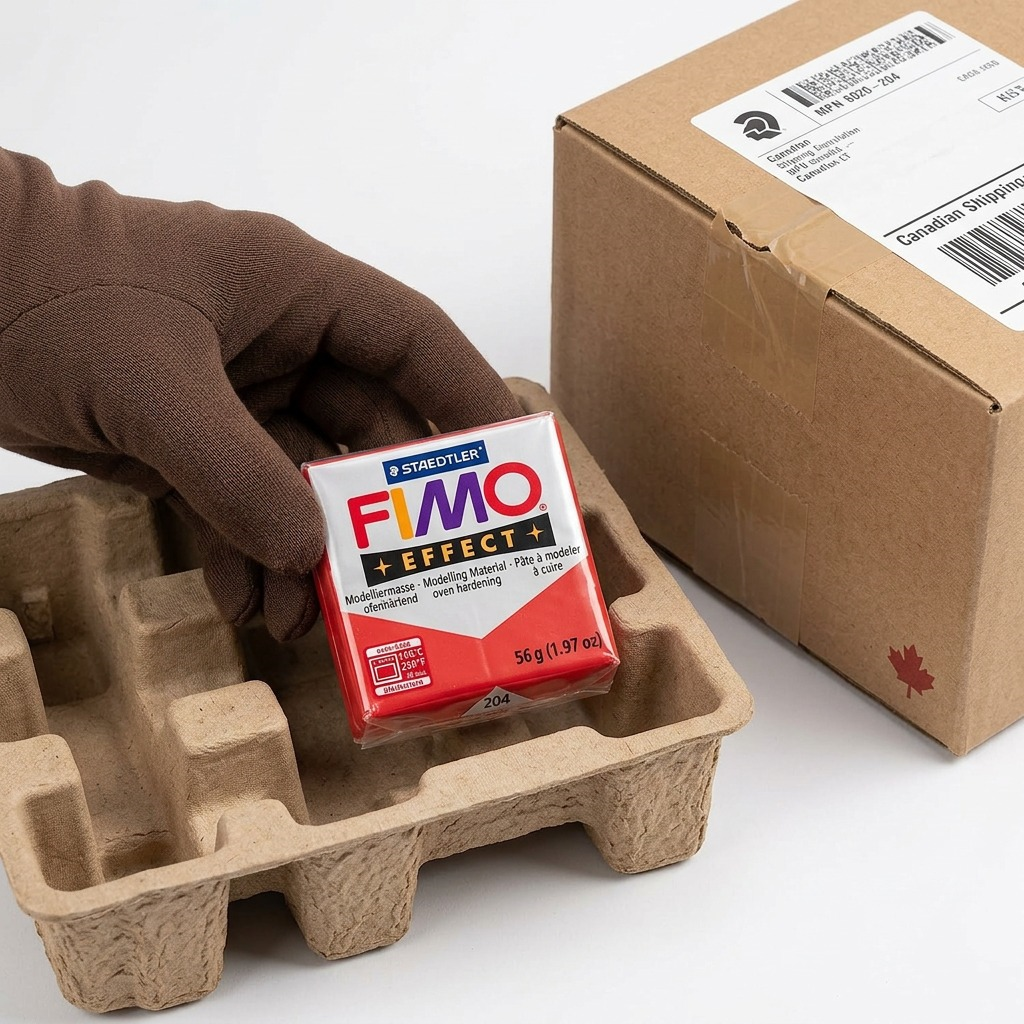 Fimo Effect Red clay in protective shipping insert, unboxed from neutral box. High confidence.