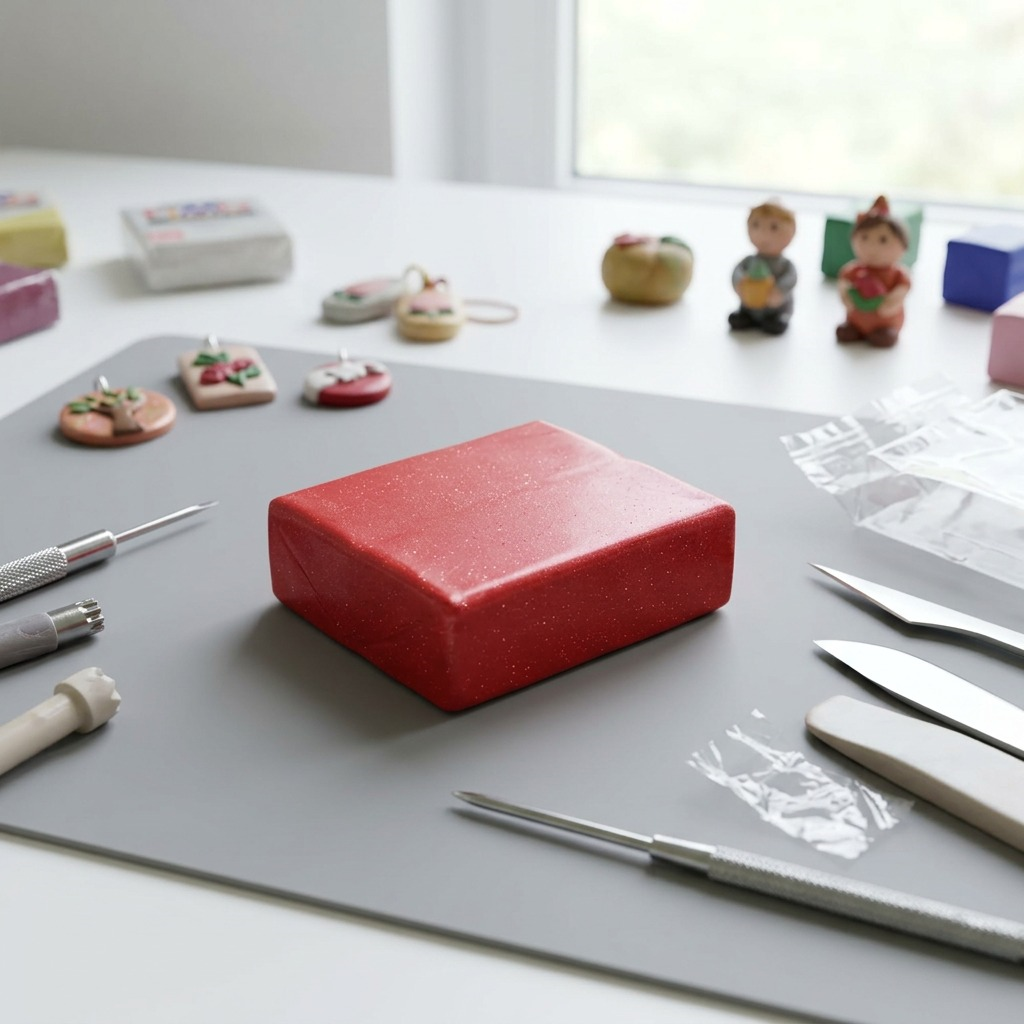 A lifestyle photo showing an unwrapped block of Staedtler Fimo Effect Red clay on a work mat with sculpting tools.