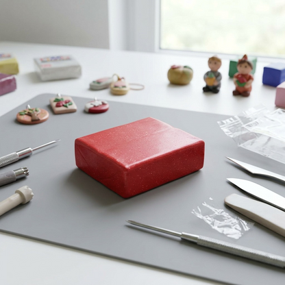 A lifestyle photo showing an unwrapped block of Staedtler Fimo Effect Red clay on a work mat with sculpting tools.