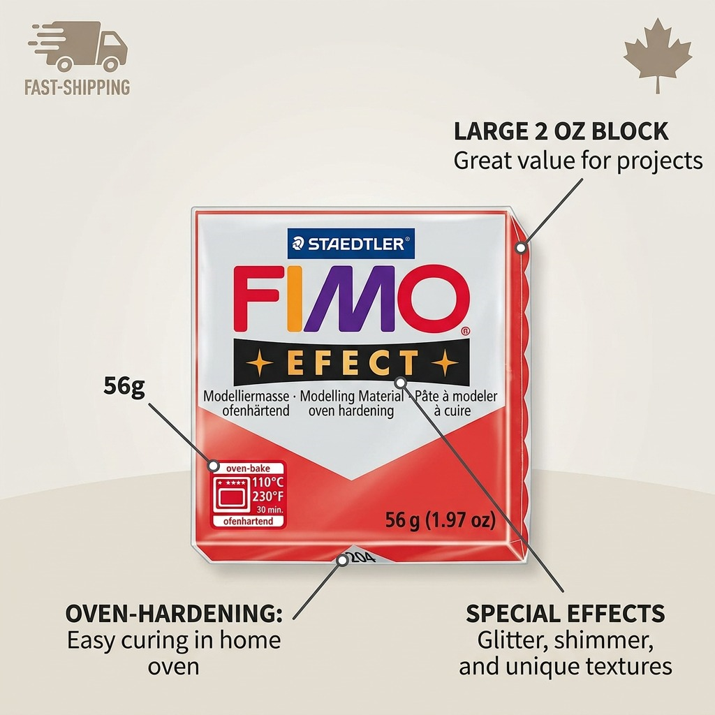 An ecommerce infographic showcasing key features of FIMO Effect Red clay: easy oven hardening, large 56g block, and the special Effect material.