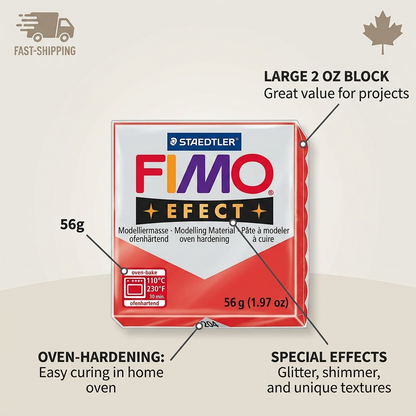 An ecommerce infographic showcasing key features of FIMO Effect Red clay: easy oven hardening, large 56g block, and the special Effect material.