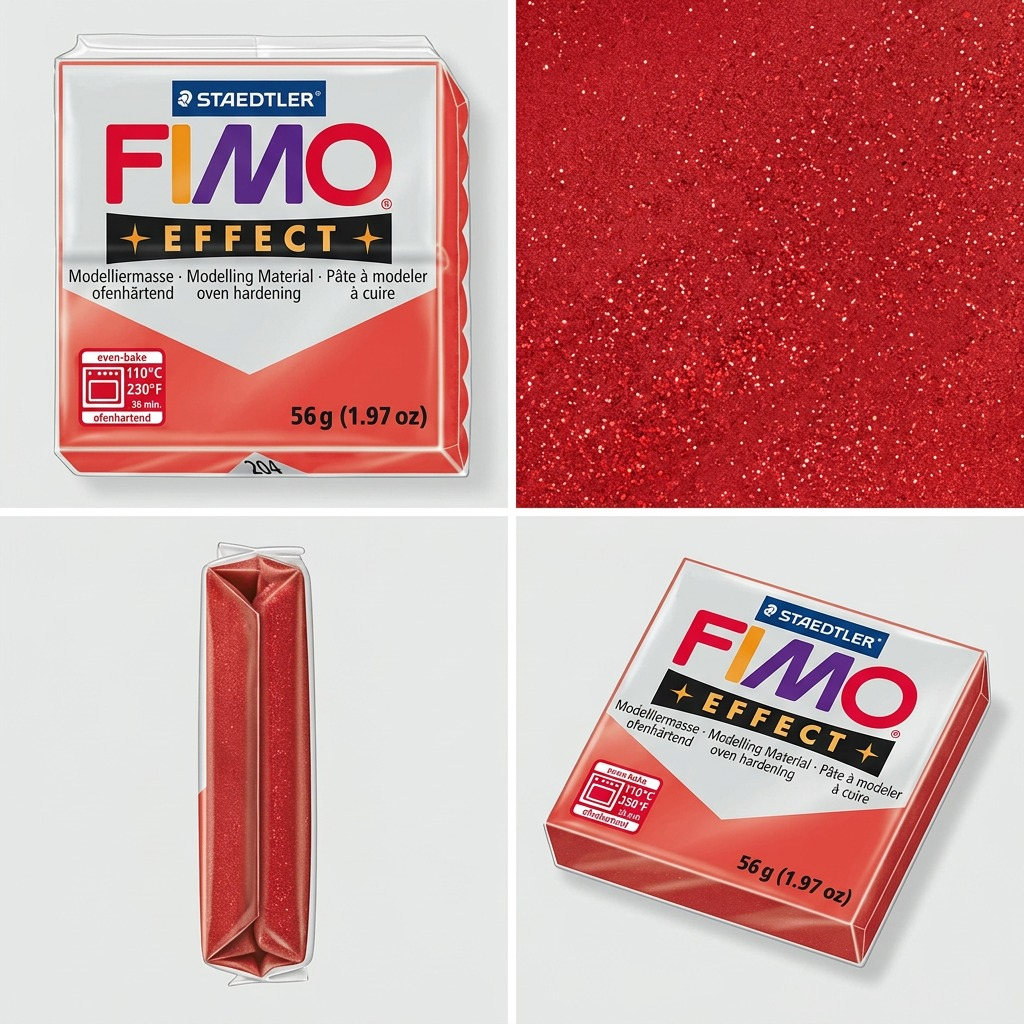 A matrix display featuring the FIMO Effect Red clay: front, side, angled, and top-down views.