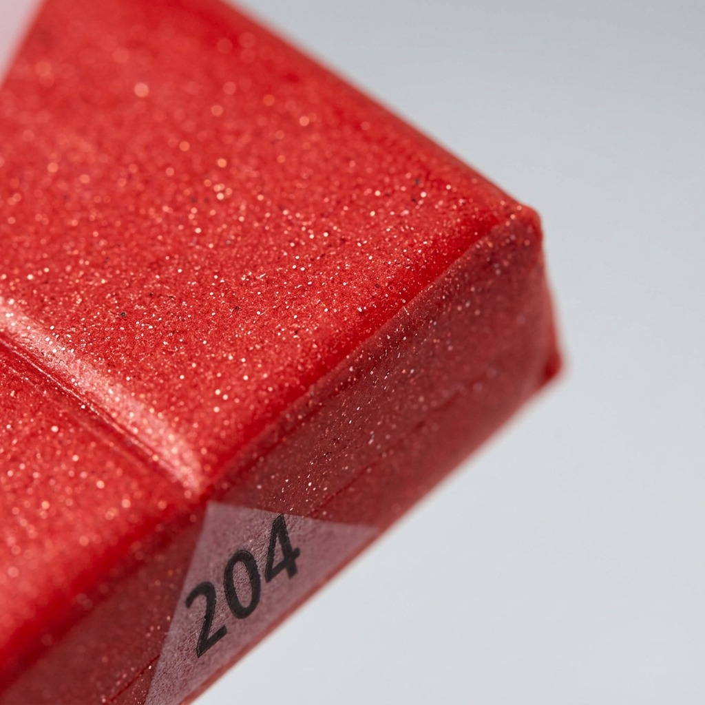 Macro detail shot of the FIMO EFFECT texture, showing specific, small metallic-gold glitter specks embedded within the red polymer clay block, which is the defining 'Effect'.