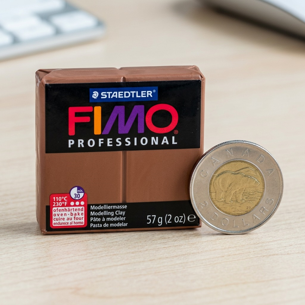 A macro-photo comparing a block of Staedtler FIMO Professional clay and a Canadian $2 coin.