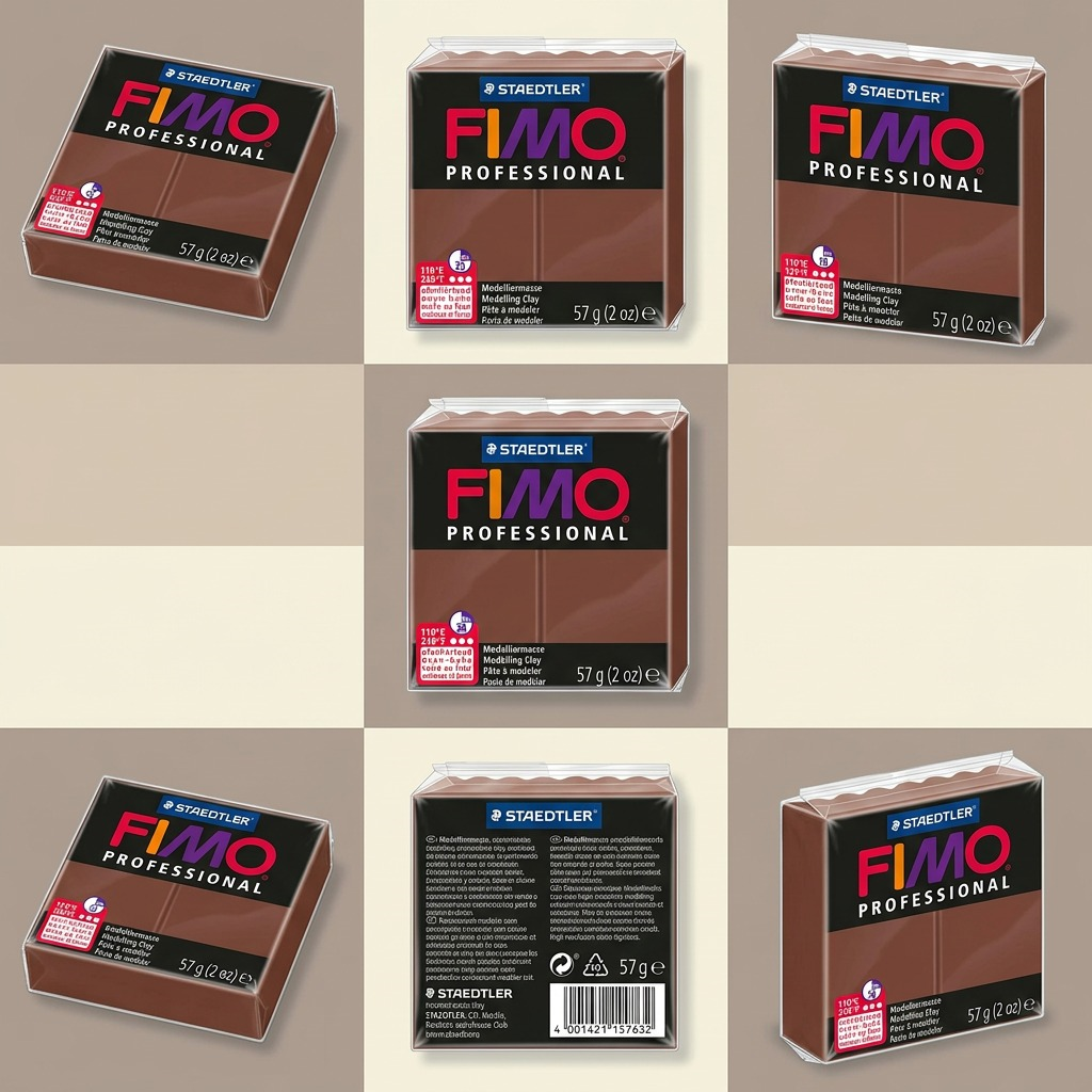 A grid displaying the STAEDTLER FIMO Professional 57g chocolate clay block from six different angles, including front, side, and rear views.