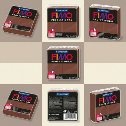 A grid displaying the STAEDTLER FIMO Professional 57g chocolate clay block from six different angles, including front, side, and rear views.