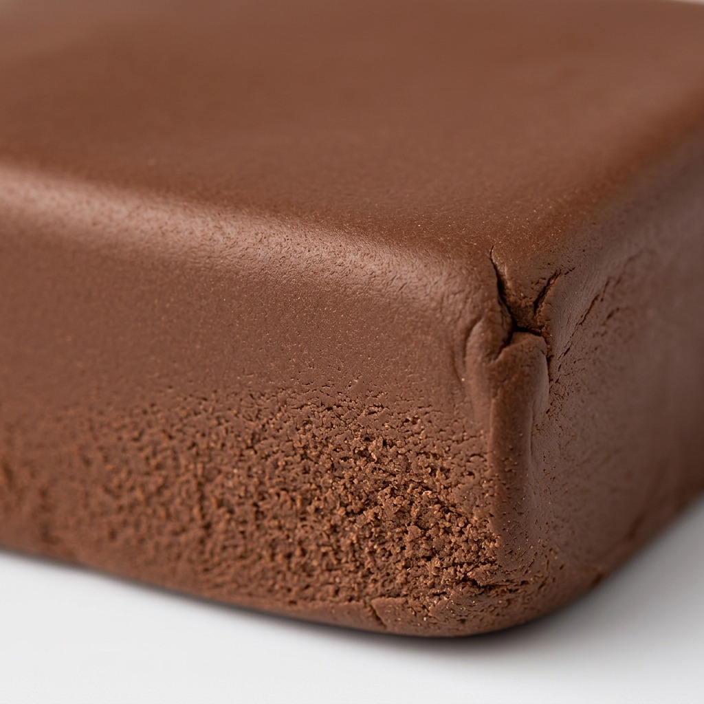Macro photograph of the rich brown FIMO Professional clay, showing its dense, crumbly texture and smooth surface.