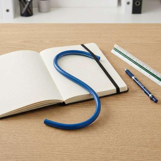 Scale reference photo: The 18-inch STAEDTLER flexible curve on a desk beside an open notebook and scale ruler.