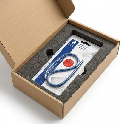 A photograph of the STAEDTLER flexible curve tool in a protected shipping scene with foam inserts.