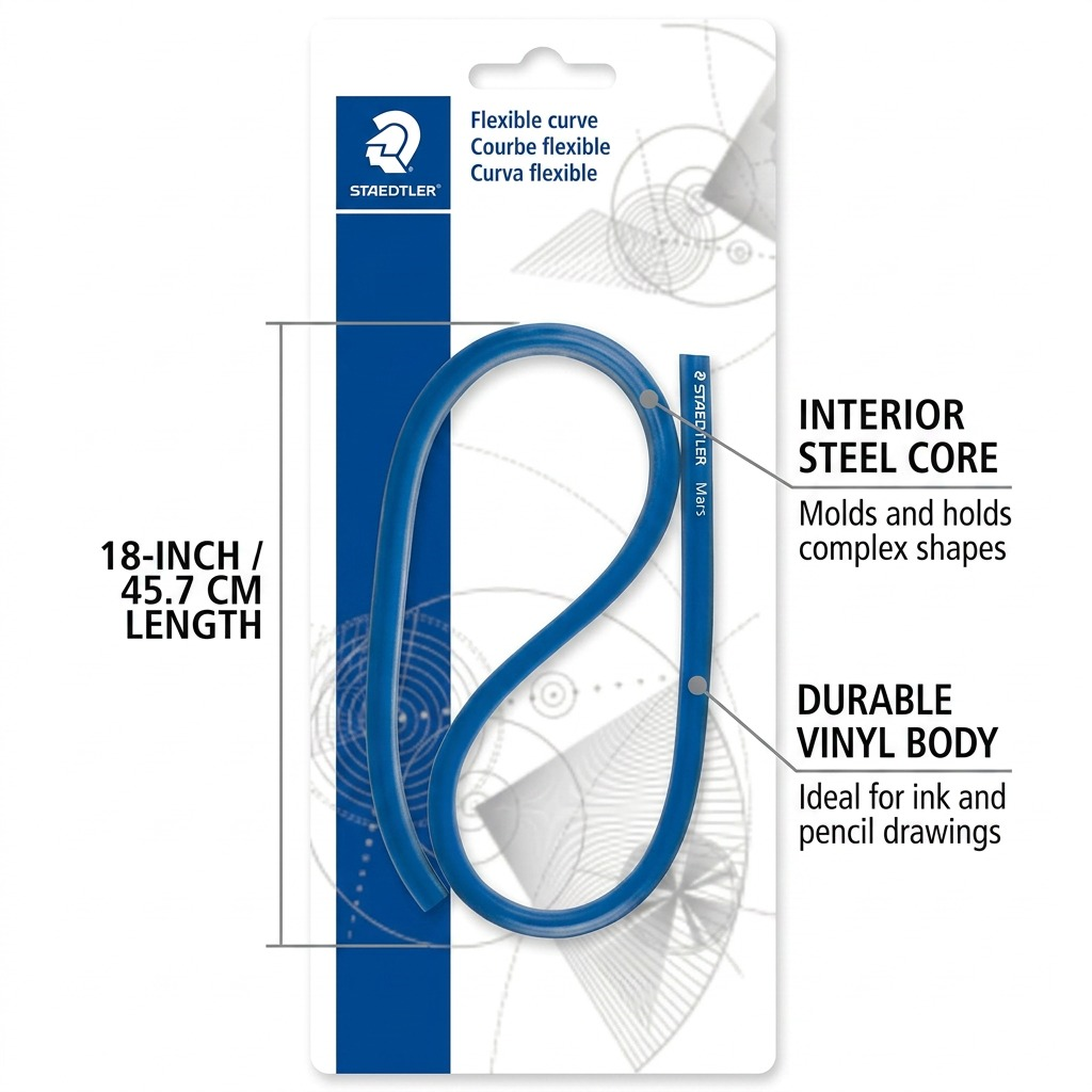 PDP feature graphic of the STAEDTLER flexible curve with concise labels identifying its 18-inch length and moldable body.