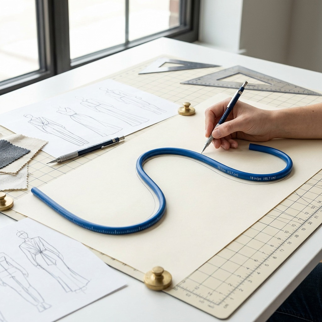 A close-up photograph of the 18-inch flexible curve being used by a fashion designer to pattern linear shapes on a textile blueprint.