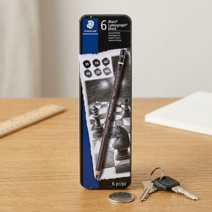 A scale-reference image of the Staedtler Lumograph black tin with it pencil, next to keys and a coin on a desk.