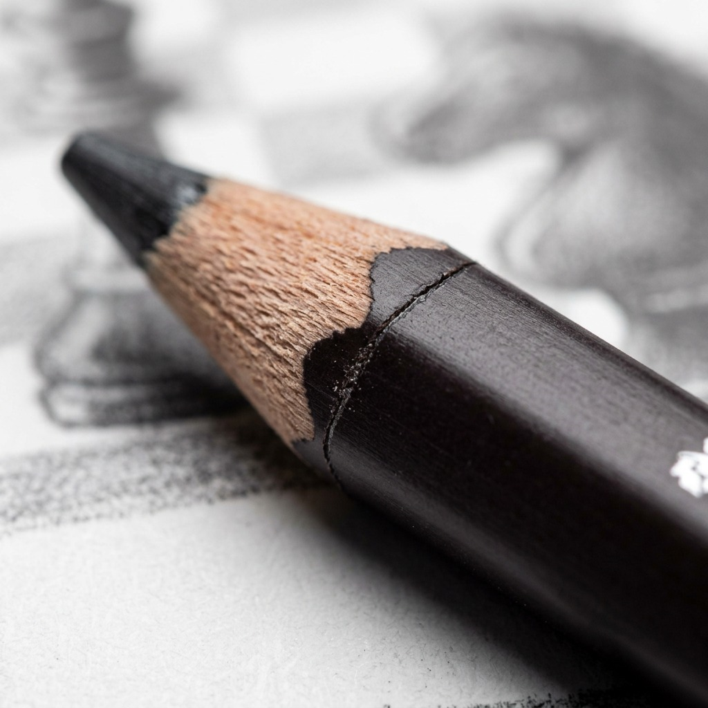 Macro detail of the wooden pencil texture, showing the seam and matte black coating up close.