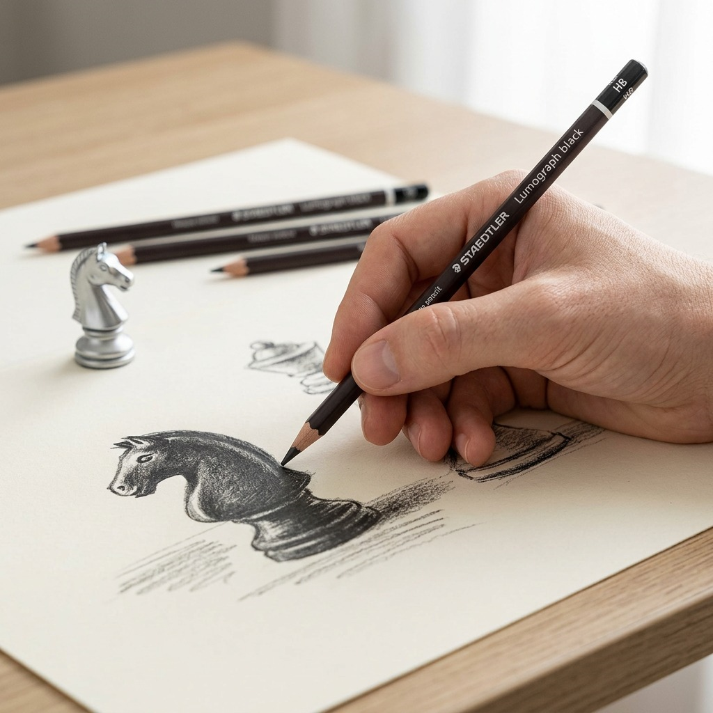 A close-up shot of a hand holding an HB Lumograph black pencil, sketching a chess piece on a paper.
