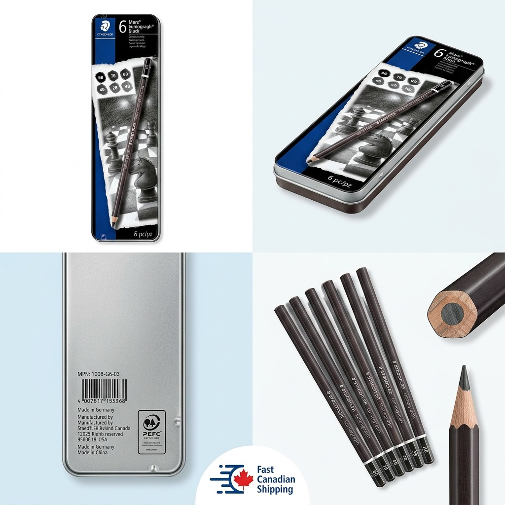 PDP visual matrix showcasing the 6-pack STAEDTLER Mars Lumograph Black pencil set from frontal, side-angled, and rear views, with individual pencils displaying their matte finishes next to a cross-section detail of the core.