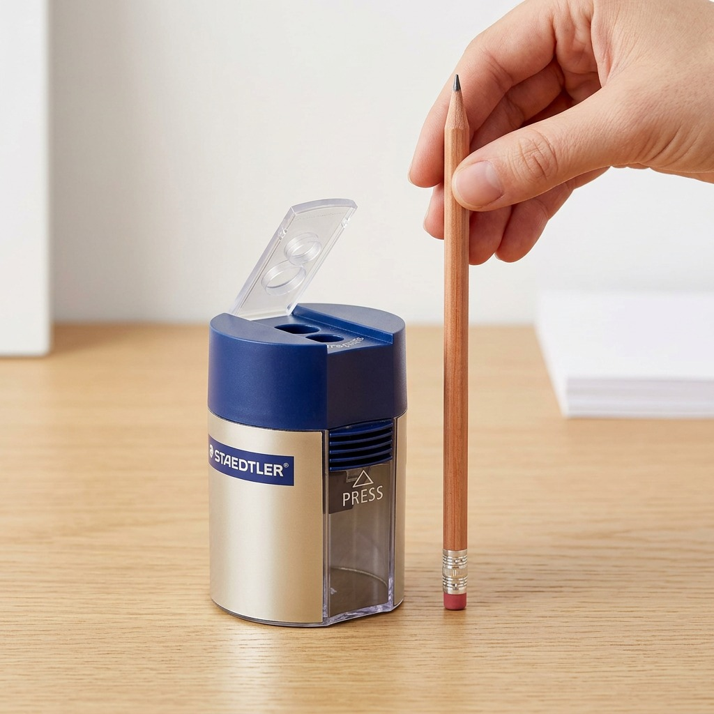 Detailed studio photograph comparing the Staedtler 512-001-A602 sharpener to an authentic Canadian wooden pencil.