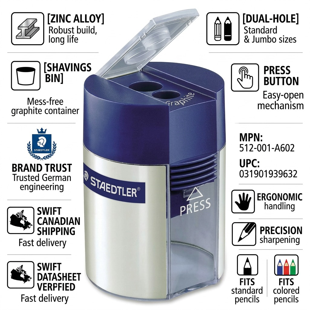 An e-commerce infographic matrix for a dual-hole pencil sharpener, highlighting its features and benefits through icons and text.
