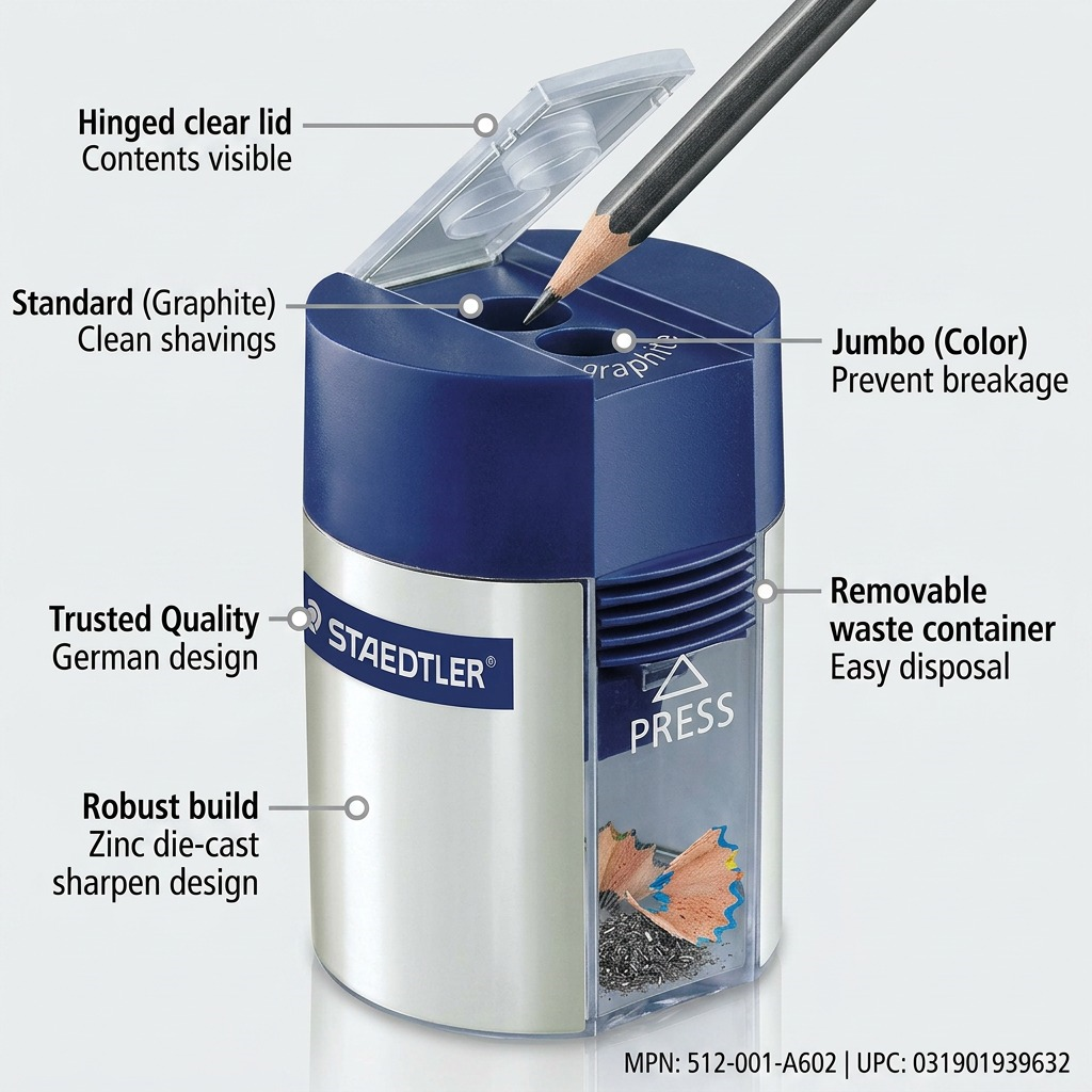 Operational feature callout visual for the STAEDTLER 512-001-A602 sharpener, highlighting its functional design benefits.