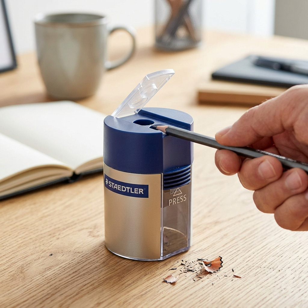 STAEDTLER Mars Limited 512-001A602 sharpener on wood desk, actively sharpening a pencil.