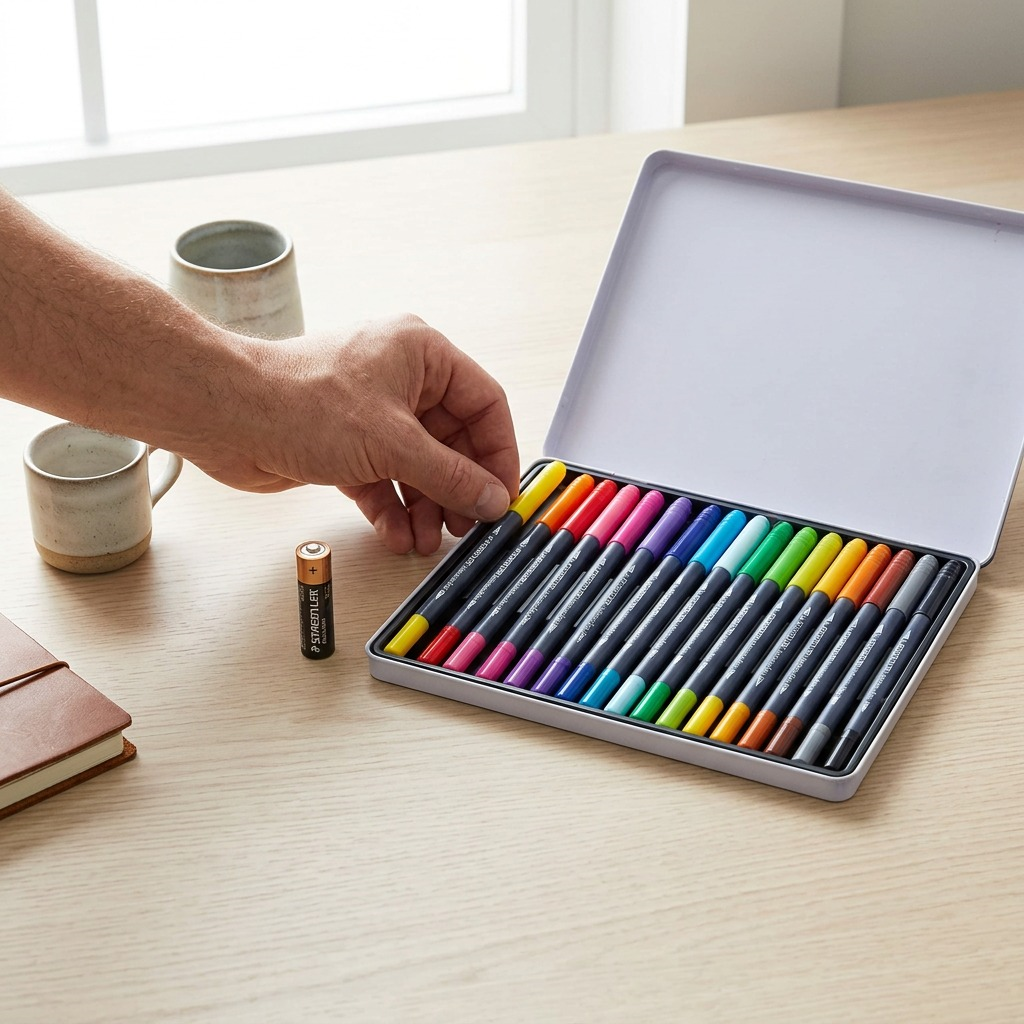 Scale visualization: an open case of 18 STAEDTLER Double-ended watercolour brush pens on a light wooden desk, positioned adjacent to a standard AA cell battery and an adult hand to illustrate relative size.