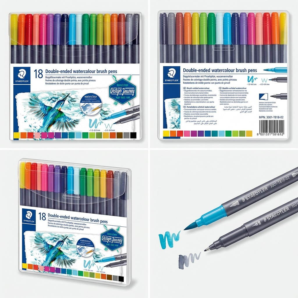 A 2x2 grid showing the STAEDTLER set: front, back, 3/4 angle view, and individual pens with tips.